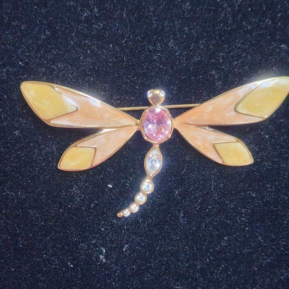 KJL for Avon Gold Tone Dragonfly Brooch Pink Yellow Peach Enamel Rhinestone